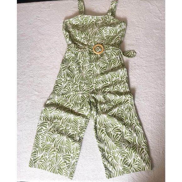 Monteau Pants - Monteau Women's Belted Jumpsuit Green L Linen Tropical Print Coastal Lagenlook